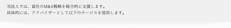 当法人では、貴社のM＆A戦略を総合的に支援します。具体的には、アドバイザーとして以下のサービスを提供します。