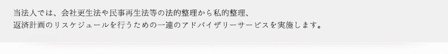 	当法人では、会社更生法や民事再生法等の法的整理から私的整理、返済計画のリスケジュールを行うための一連のアドバイザリーサービスを実施します。