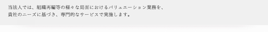 当法人では、組織再編等の様々な局面におけるバリュエーション業務を、貴社のニーズに基づき、専門的なサービスで実施します。